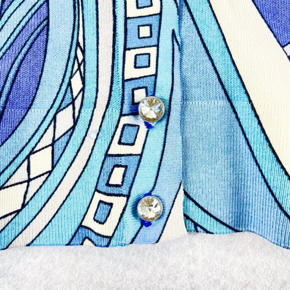 ANN TAYLOR Womens L Silk Blend Mod Blue Swirl Crystal Button Up Top Sweater - Picture 10 of 11